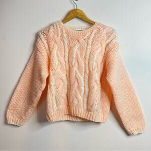 Vintage Pastel Peach White Acrylic Hand Knit Cable Chunky Preppy Sweater women M